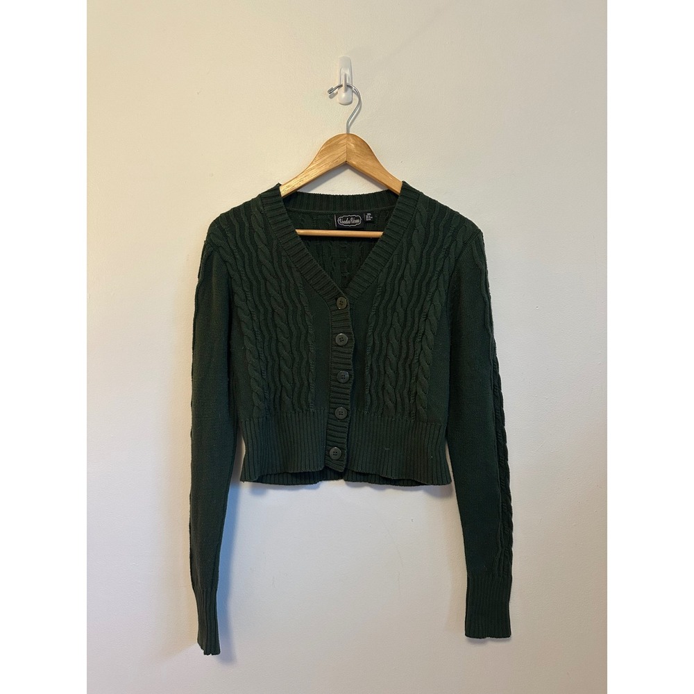 Voodoo Vixen Dark Green Cable Knit Cropped Cardigan Sweater | Size XXL